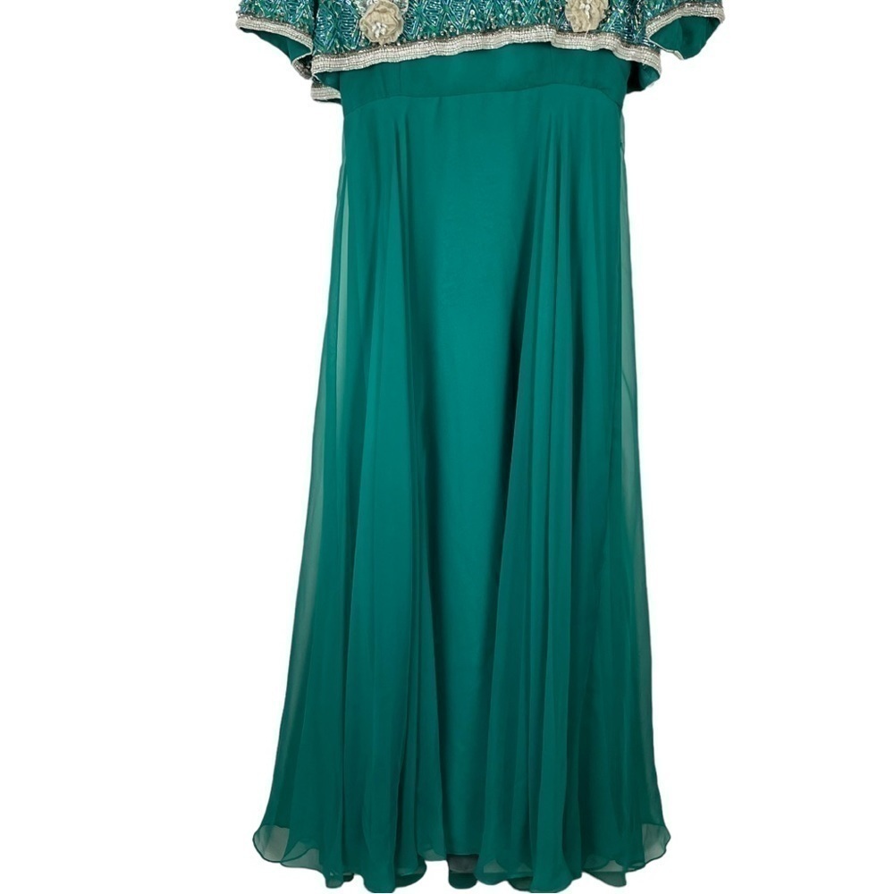 VINTAGE RICHILENE 70S SILK CHIFFON BEAD EMBELLISHED AQUA FORMAL EVENING GOWN - Picture 9 of 16